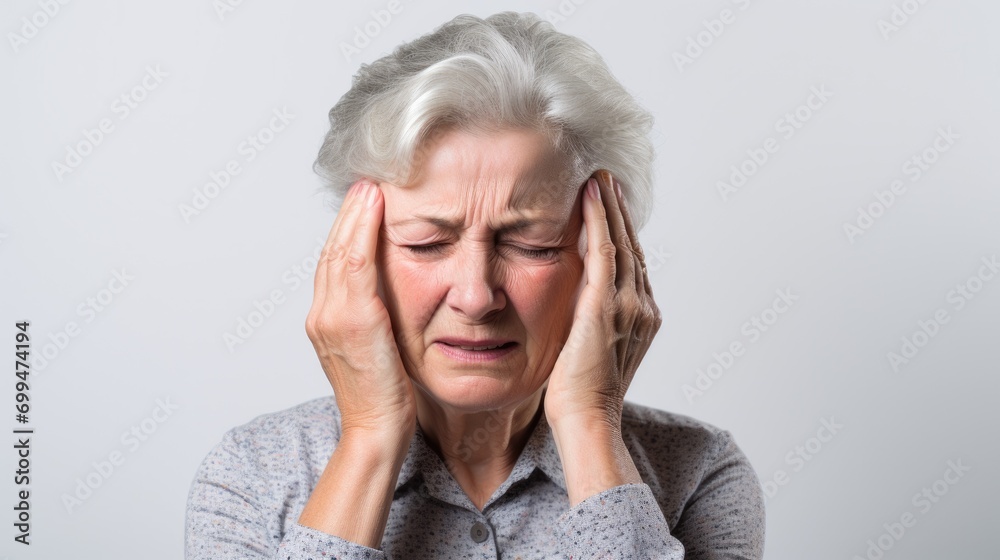 A elderly adult woman with migraine headache holding her head having pain. isolated on white background. studio photo A elderly adult woman with migraine headache holding her head having pain. isolated on white background. studio photo