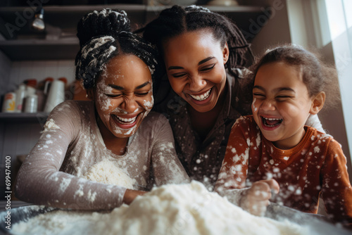 Dark-skinned mom with her two daughters having fun and preparing pie dough for lunch photo