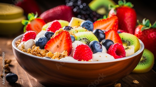 Healthy breakfast with fresh fruits  granola  and yogurt on a wooden table