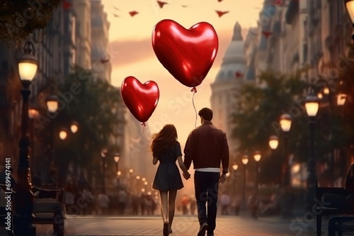 A young man and a girl are walking through the city. The girl is holding red heart-shaped balloons in her hands. A couple of lovers. Watercolor drawing in bright colors. Valentine's Day, postcard © Ольга Назарова