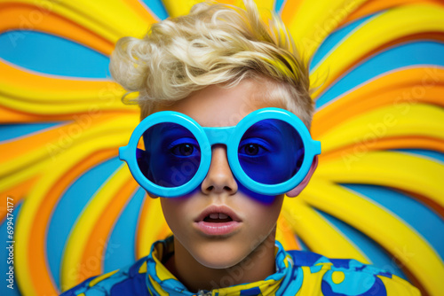 Wallpaper Mural A Caucasian boy, around 10 years old, wearing fun, bright blue, circular sunglasses with yellow lenses, close-up on the playful and vibrant colors Torontodigital.ca