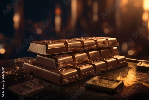 3d styled chocolate bars with golden lighting. Generative AI photo
