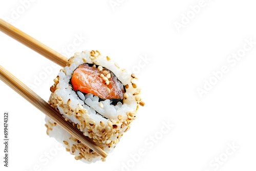 Fresh traditional japanese sushi between chopsticks, isolated on white background