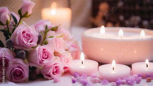 Relaxing spa scene with white lavender candles  colorful flowers  and soothing music