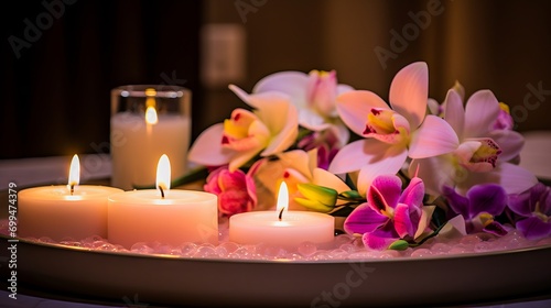 Relaxing spa scene with white lavender candles  colorful flowers  and soothing music