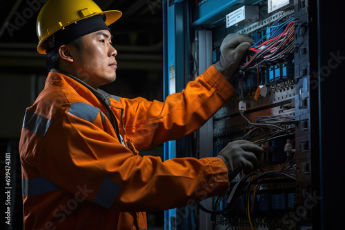 A male electrician, Asian, in a work suit, against an open electrical panel, with bright work details and emphasis on an attentive gaze