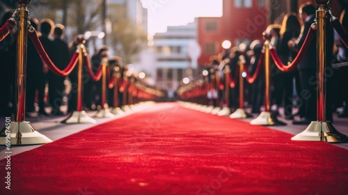 A empty red carpet waiting for the arrival of the famous star celebrities. paparazzi and journalists with photo and video cameras photo