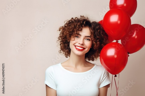 A girl in white clothes with curly hair holds red balloons in her hands. The girl is smiling. Valentine's Day, holiday, copy space © Ольга Назарова