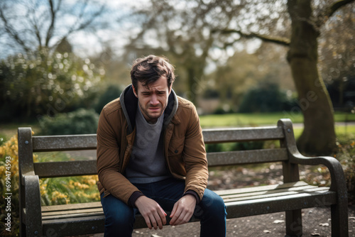 30-year-old autistic adult in a public park, sitting alone on a bench, visibly upset by the surrounding noise of playing children and barking dogs, demonstrating the impact of sensory sensitivities in photo