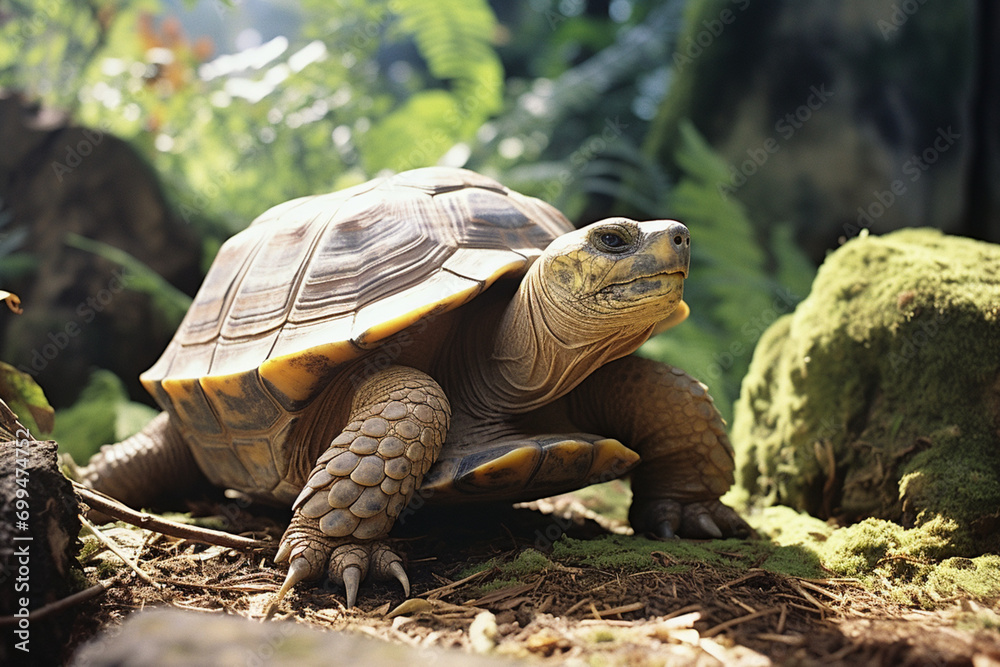 A tranquil image of a tortoise basking in the sun, portraying a sense of calm, stability, and longevity, suitable for wellness and relaxation campaigns.