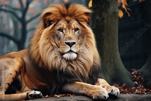 A powerful photograph of a lion in a regal pose  symbolizing strength  leadership  and authority  ideal for conveying a sense of dominance.