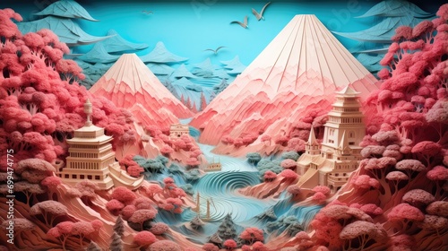 fantasy paper art landscape with pink cherry blossom trees and ancient pagoda structures. ideal for creative backgrounds and illustrations