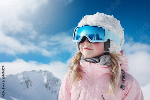 little girl wearing ski goggles and sportswear against a background of clouds and mountains