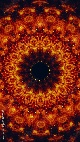 Fototapeta Naklejka Na Ścianę i Meble -  Sparkling mandala. Round ornament. Orange red color glowing bokeh light circle symmetrical pattern on dark black abstract art illustration background.