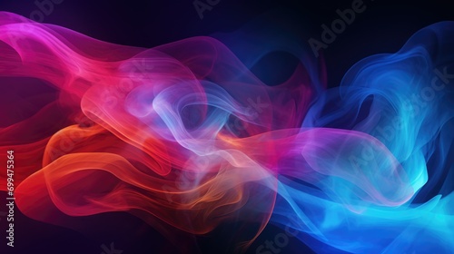 Lively chromatic fumes on pitch-black canvas, voluminous bursts of colorful smoke on dark background