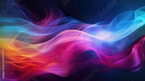 Dreamy spectrum mist over shadowy surface, voluminous clouds of colorful smoke on dark background