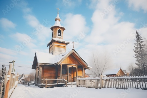 snow-covered bell tower of a wooden countryside church