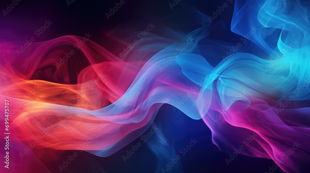 Captivating prismatic smoke against pitch-black canvas, expansive swirls of colorful smoke on dark background