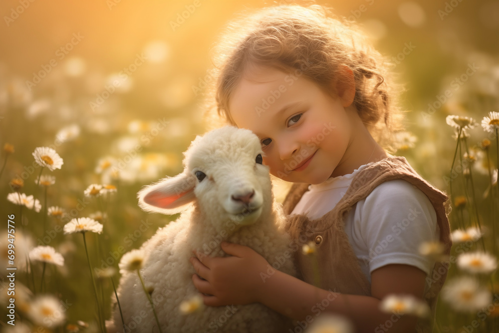 Little cute girl with a sheep in a flowering meadow in spring Little cute girl with a sheep in a flowering meadow in spring