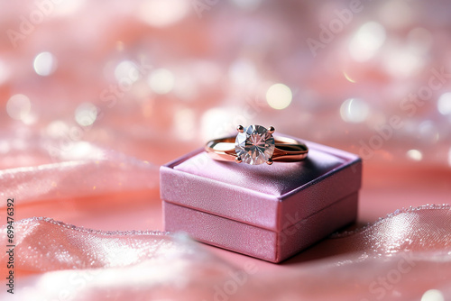 Close up of wedding ring in box on the pink glitter background with copy space. Generative AI © Ibnu