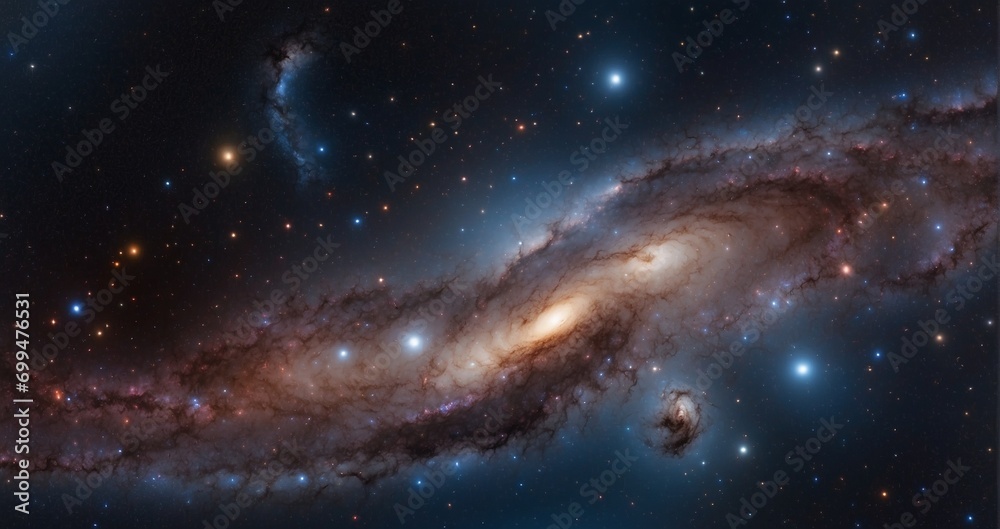 The panoramic view of a distant galaxy cluster, each member contributing to a cosmic mosaic of light and darkness in the vastness of space. hyper- -Generative Ai