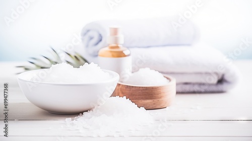 Spa and wellness concept with natural beauty products, massage stones, and sea salt on white wooden table. Copy space for text.