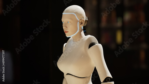 female robot walking along a street in a big city. humanoid AI robot crossing street. 3d render. future automation job.