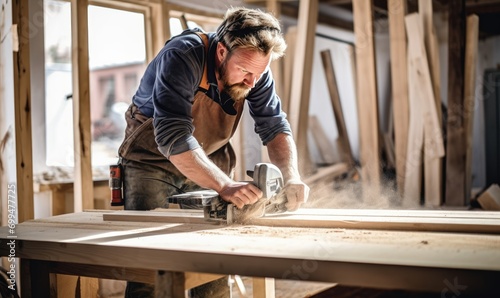 A man using a circular saw to cut wood