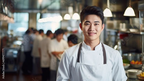 Closeup photo portrait of a handsome young asian chef cook with white uniform standing. guests eating in the restaurant. blurry food restaurant kitchen in the background photo