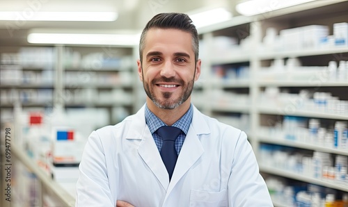 A man in a lab coat standing in front of a pharmacy shelf