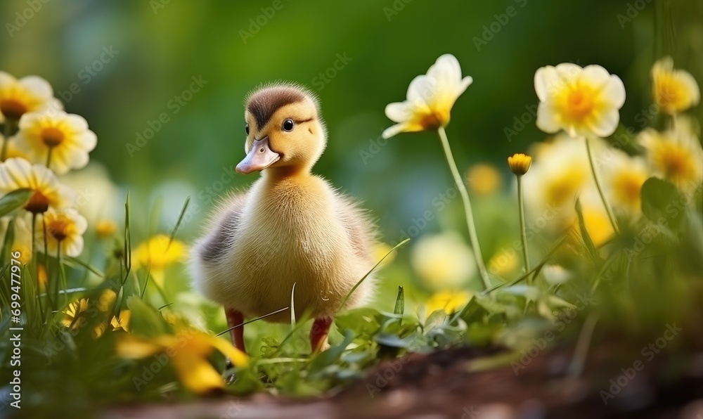 A duckling sitting in the middle of a field of flowers