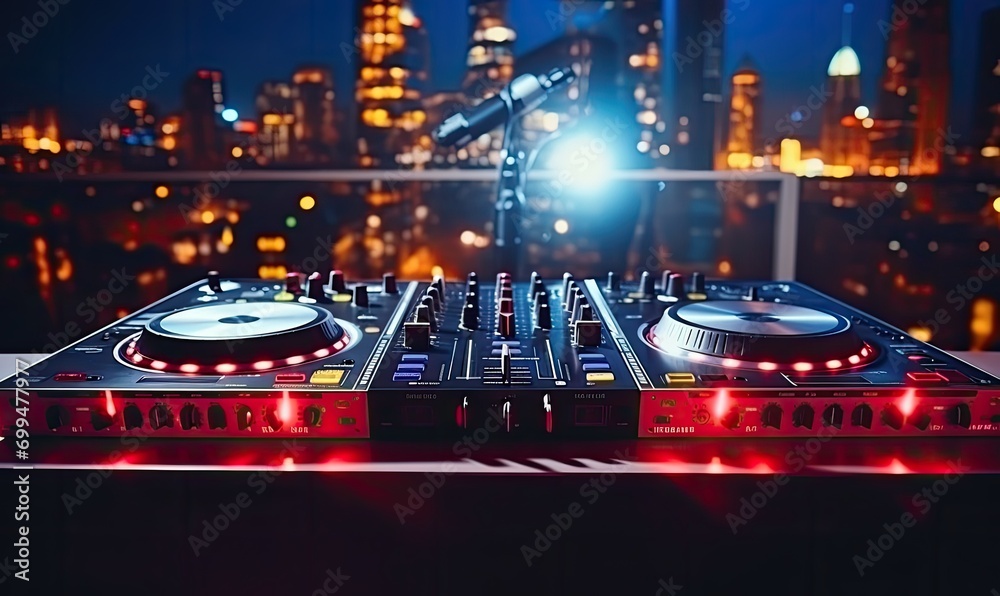 A dj's turntable in a dark room with neon lights