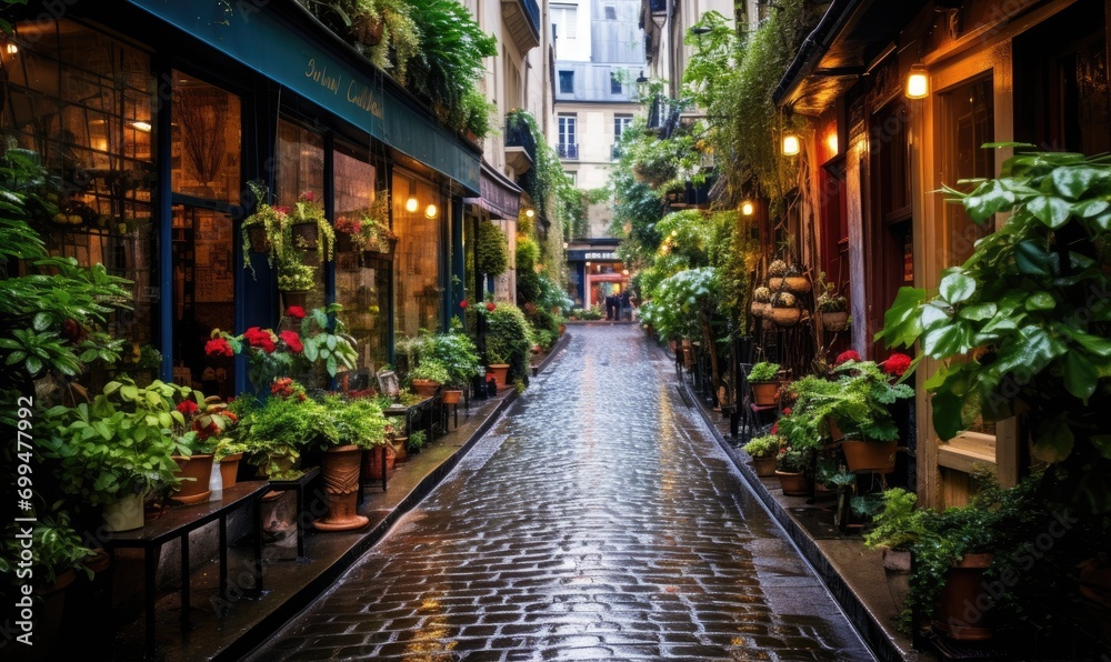A cobblestone street lined with potted plants