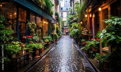 A cobblestone street lined with potted plants