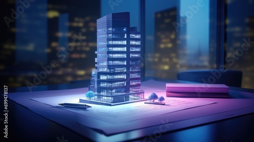Concept holo blue 3d render miniature model maquette of small skyscraper building on table in real estate agency. signing mortgage contract document demonstrating. futuristic business photo