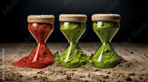 Three hourglasses filled with vibrant red and green sands, an artistic depiction symbolizing scales with magical powder photo