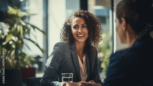 Happy business woman talking to her colleague in a meeting