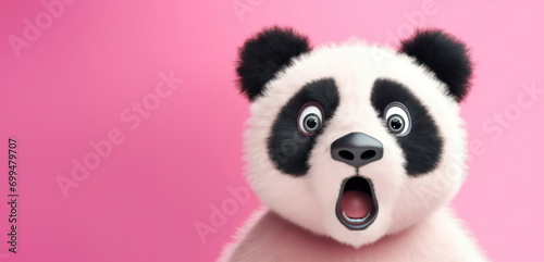An endearing cartoon panda shows a look of surprise, with large, expressive eyes against a soft pink backdrop, perfect for engaging children's content. photo