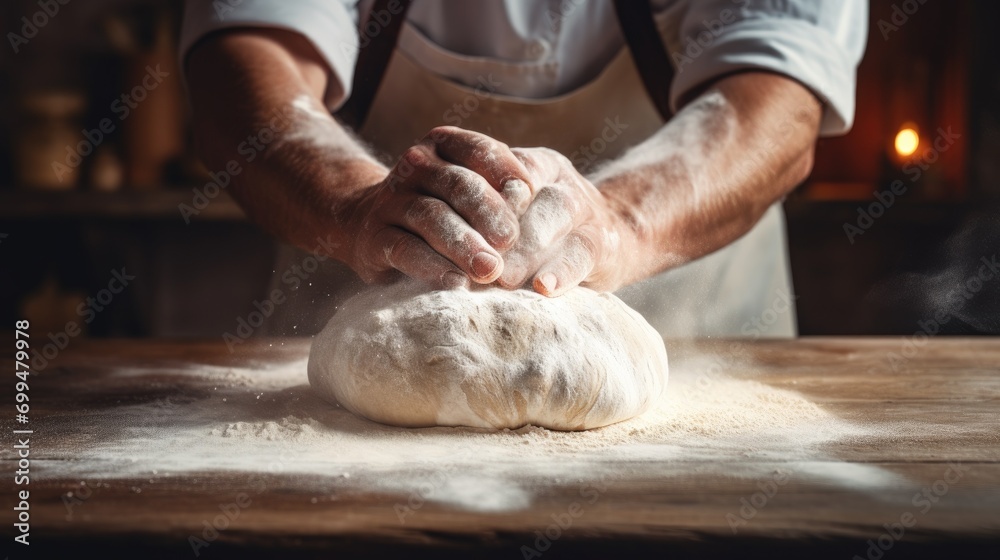Old baker kneading dough and baking bread in a bakery kitchen restaurant. flour on the table and chefs hands - obrazy, fototapety, plakaty 