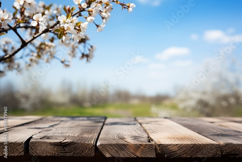 Wooden table with an empty surface scene and a beautifully blurred spring background. Copy space for text