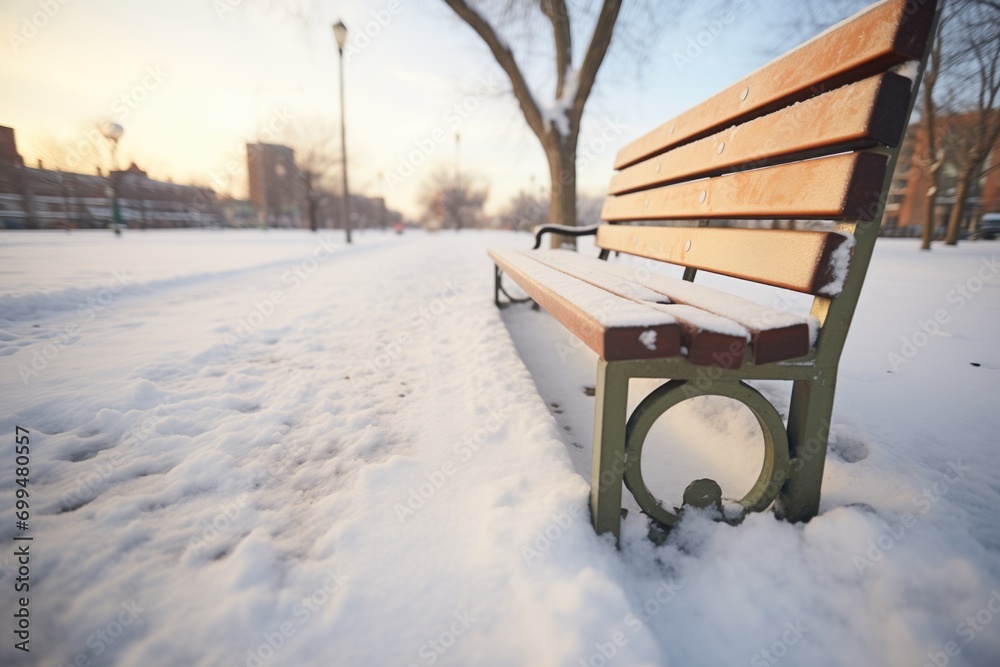 lonely footprints to a bench, snow all around