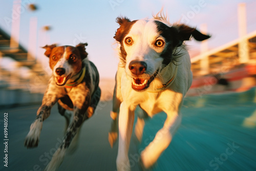 Racing dogs in a ballet of speed, forming abstract shapes that capture the agility and precision in canine racing. photo