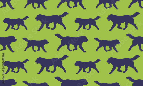 Fototapeta Naklejka Na Ścianę i Meble -  Seamless pattern. Running newfoundland dog isolated on a green background. Endless texture. Pet animals. Design for wallpaper, template, print. Vector illustration.