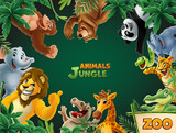 illustration set of jungle cartoon zoo animals with plants