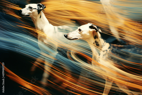 Whippets in a fusion of racing motion, forming abstract patterns that emphasize the synchronized and coordinated movements of the dogs. photo