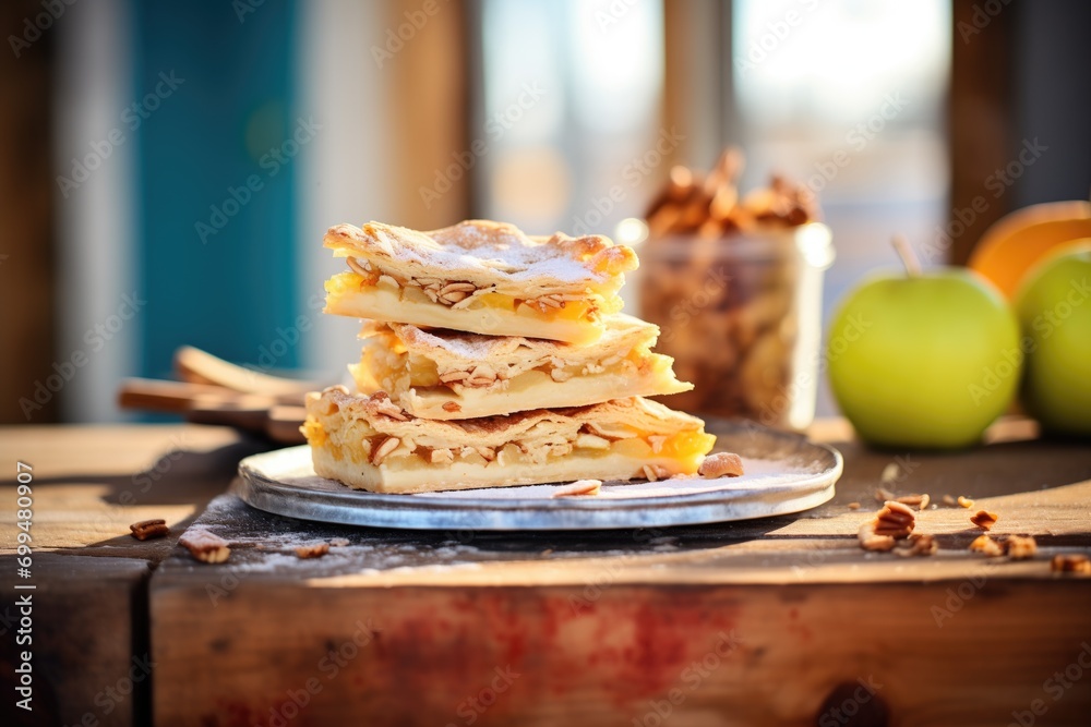 warm apple strudel slices on a rustic bakery stand