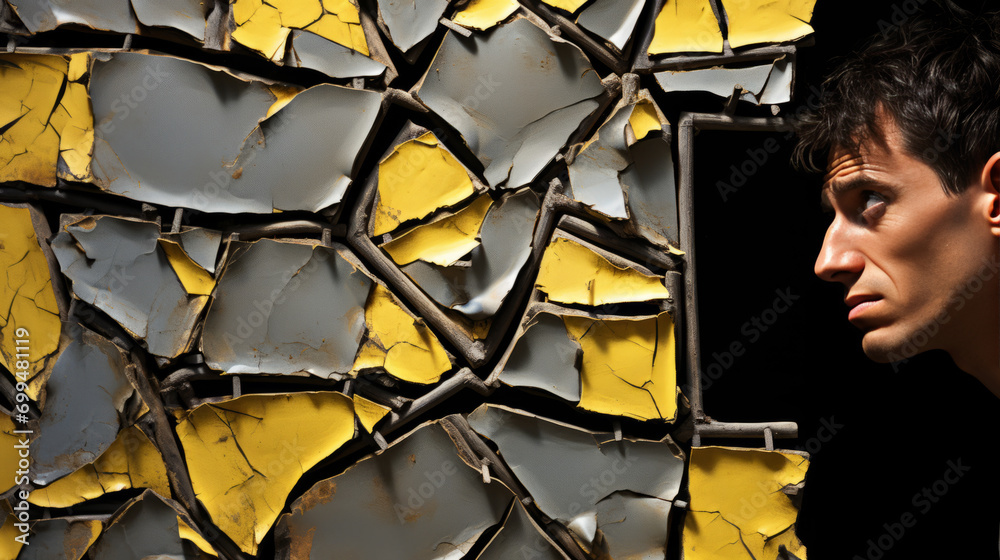 A man standing before a broken mirror, surrounded by cracks and cracked paint, reflecting a shattered reality in this captivating and symbolic image A man standing before a broken mirror, surrounded by cracks and cracked paint, reflecting a shattered reality in this captivating and symbolic image