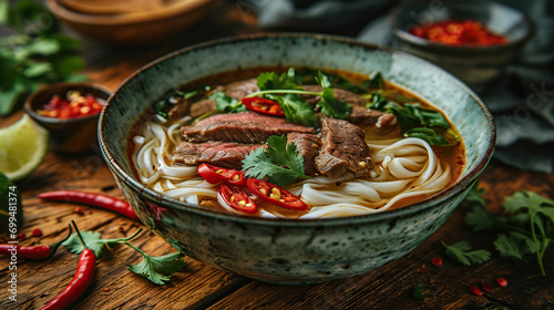 Traditional Vietnamese pho bo soup with meat and noodles on a wooden table