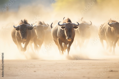 buffaloes creating dust clouds while running