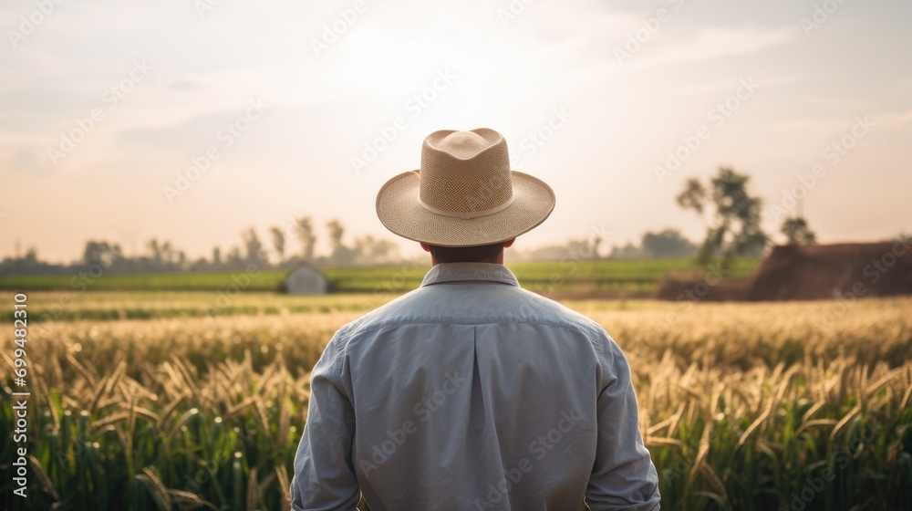 A adult white american farmer man standing on a wheat grass field. wearing a hat. photo taken from behind his back. agricultural land owner. blurry field and a mansion background